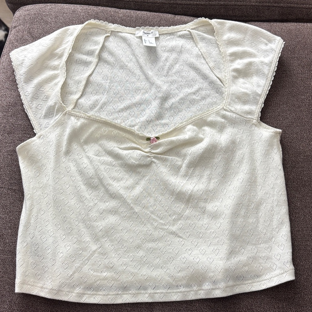 Forever 21 Ivory Lace Trim Top